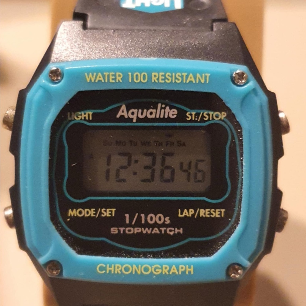 🦋10/$20🦋 Vintage Aqualite Blue/Black Digital Alarm Chrono Women's Watch